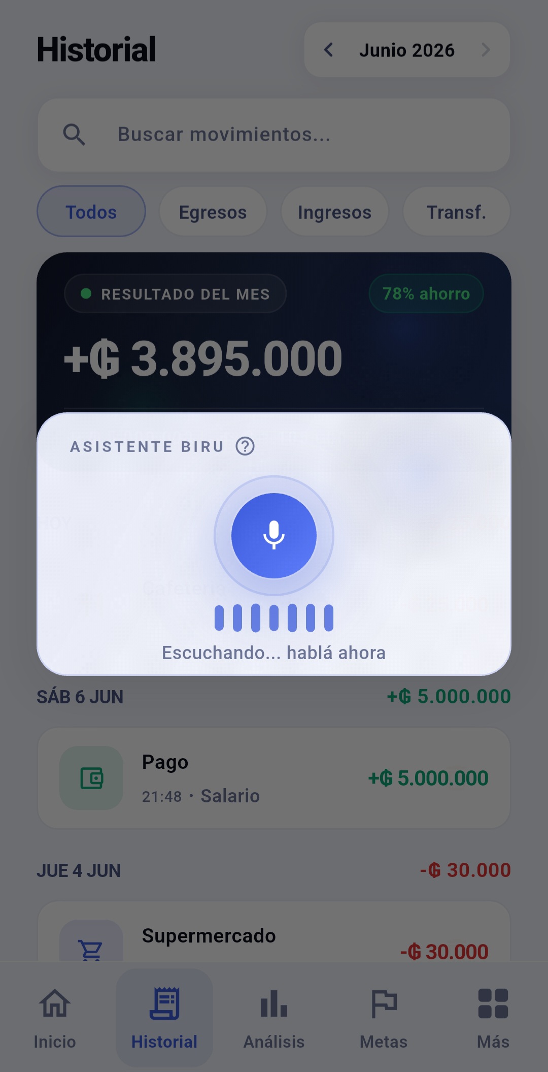 Paso 1: hablale a Biru para registrar un gasto por voz