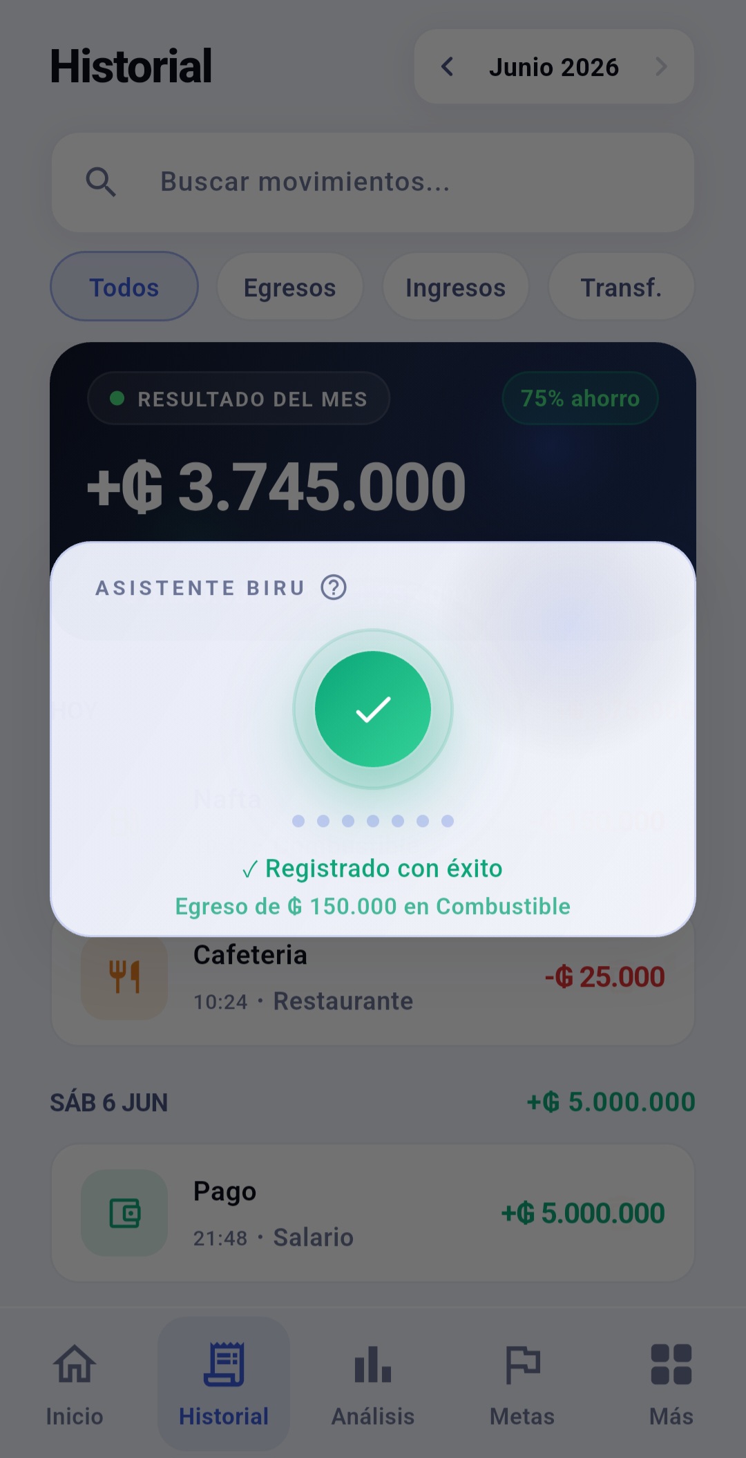 Movimiento registrado con éxito